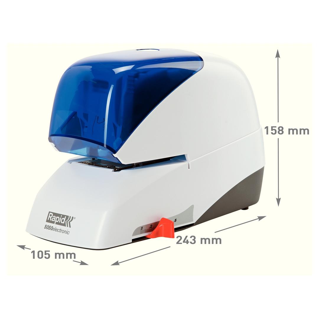 Agrafeuse électrique 5050E (blanche et bleue) RAPID — Vue de gauche dimensions