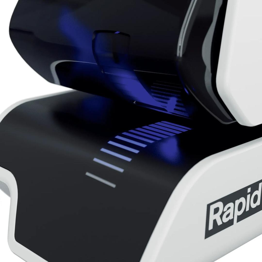 Agrafeuse électrique de bureau 25 feuilles à cassette Supreme 5025E, coloris blanc RAPID - Guidage lumineux à DEL de l'agrafeuse électrique Rapid Supreme 5025E blanche.