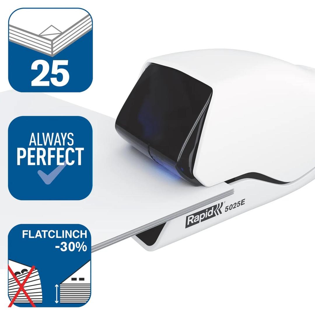 Agrafeuse électrique de bureau 25 feuilles à cassette Supreme 5025E, coloris blanc RAPID - Agrafeuse électrique Rapid Supreme 5025E : 25 feuilles, agrafage à plat qui réduit l'épaisseur de 30 %.