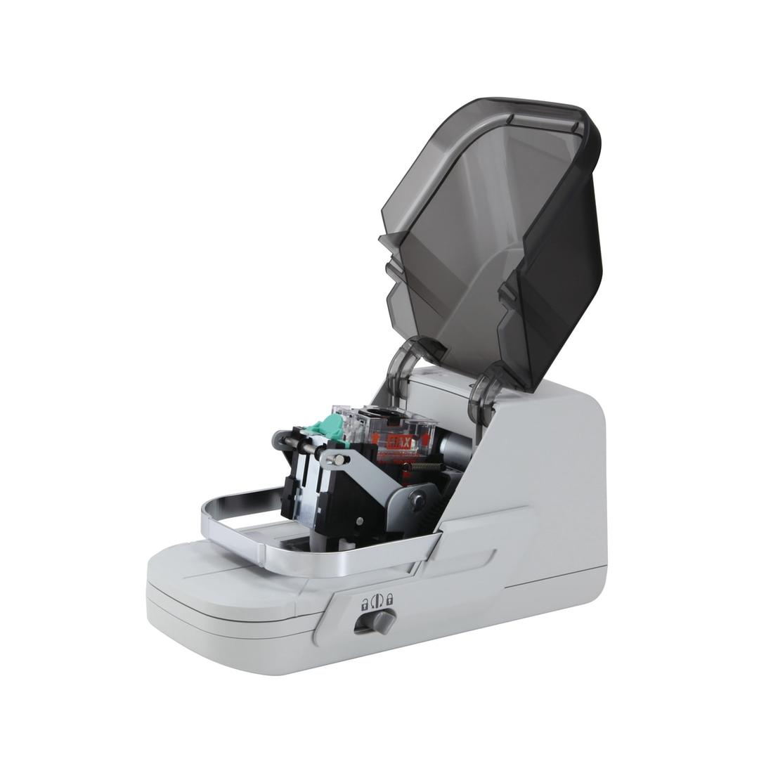 Agrafeuse électrique flat clinch 56 feuilles EH-70F II MAX - Capot transparent ouvert sur le mécanisme de l'agrafeuse électrique professionnelle MAX EH-70F II.