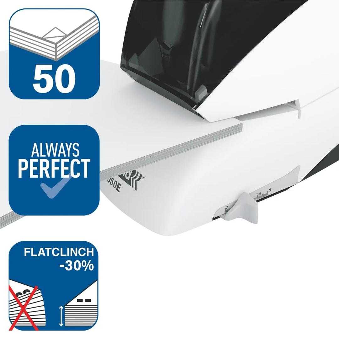 Agrafeuse électrique de bureau 50 feuilles à cassette Supreme 5050E, coloris blanc et noir RAPID - Agrafeuse électrique Rapid Supreme 5050E : 50 feuilles, agrafage à plat qui réduit l'épaisseur de 30 %.