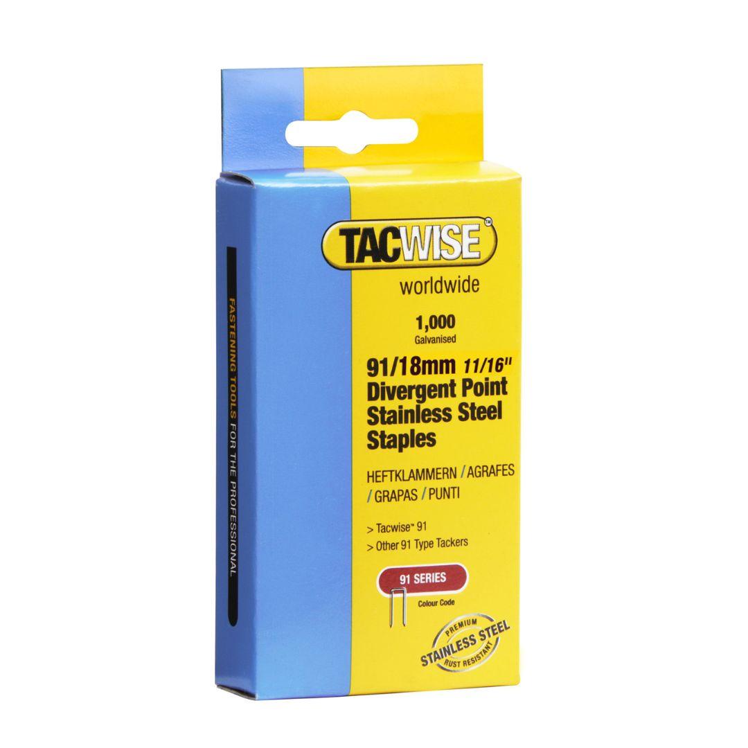 Agrafes 91/18 mm divergent point INOX x1000 TACWISE — TACWISE Agrafes 91/18 mm divergent point INOX, boîte de 1 000 — packshot