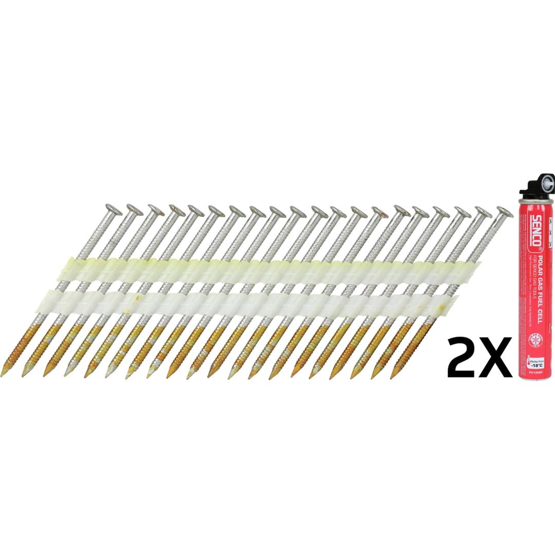 Pack gaz & clous en bande 34° annelés inox A2 GR55AGBM-FC 2,87x65 mm & 2 cartouches de gaz SENCO — Pack SENCO NS3465 65 mm IX304 TB : bande de clous annelés à tête ronde et cartouche de gaz