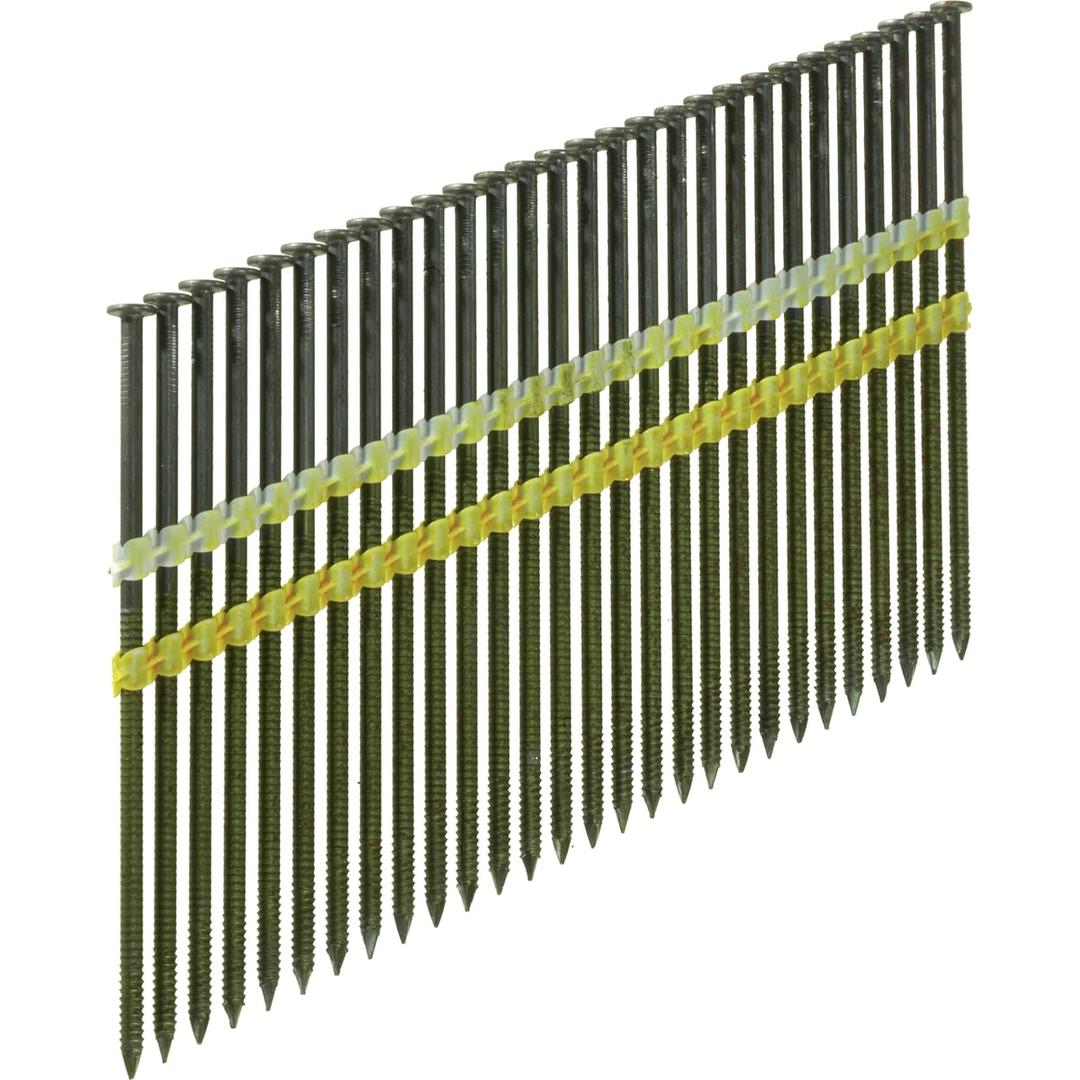 Clous en bande 21° annelés clair ML65APBS 3,8x130 mm SENCO — Clous SENCO 21° 130 mm annelés clair, bande à tête ronde et double liaison blanche et jaune