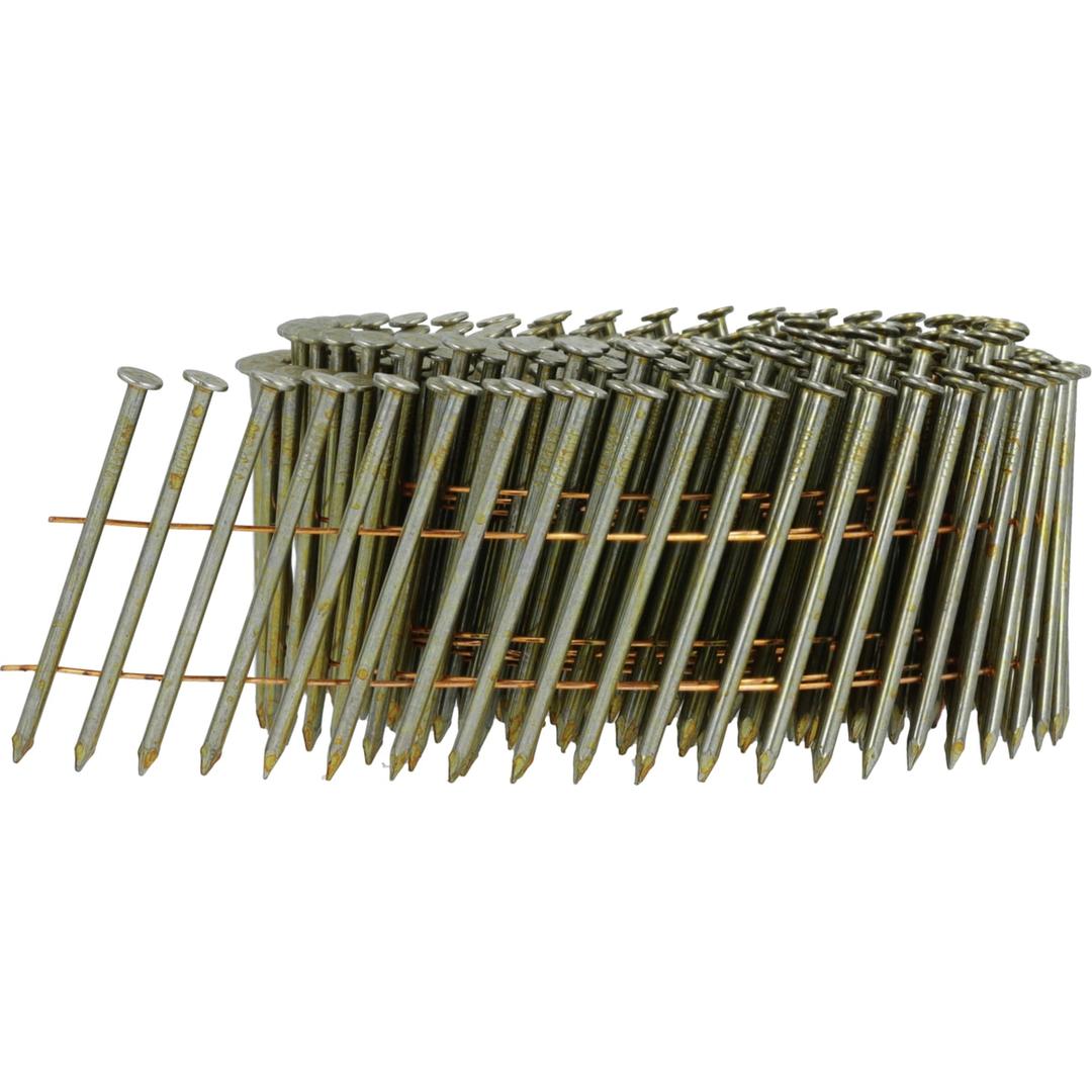 Clous en rouleau plats 16° lisses clair ED21APBH 2,3x50 mm SENCO — Clous SENCO 2.3 x 50 mm lisses finition claire, rouleau et fils de liaison cuivre, vu de trois quarts sur fond blanc