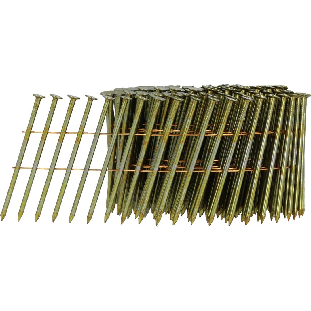 Clous en rouleau plats 16° lisses clair BD25APBF 2,5x65 mm SENCO — Clous SENCO 2.5 x 65 mm lisses finition claire, rouleau complet et amorce de bande dépliée sur fond blanc