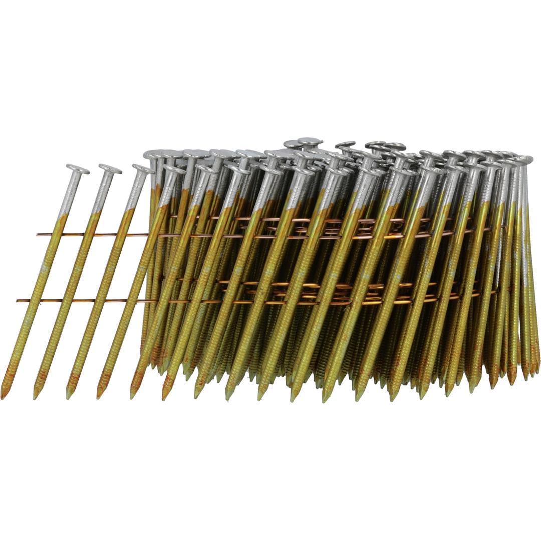Clous en rouleau plats 16° annelés galvanisés à chaud BL25ASBF 2,5x65 mm SENCO — Clous SENCO 2.5 x 65 mm annelés galvanisés à chaud, rouleau à têtes argentées et tiges dorées sur fond blanc