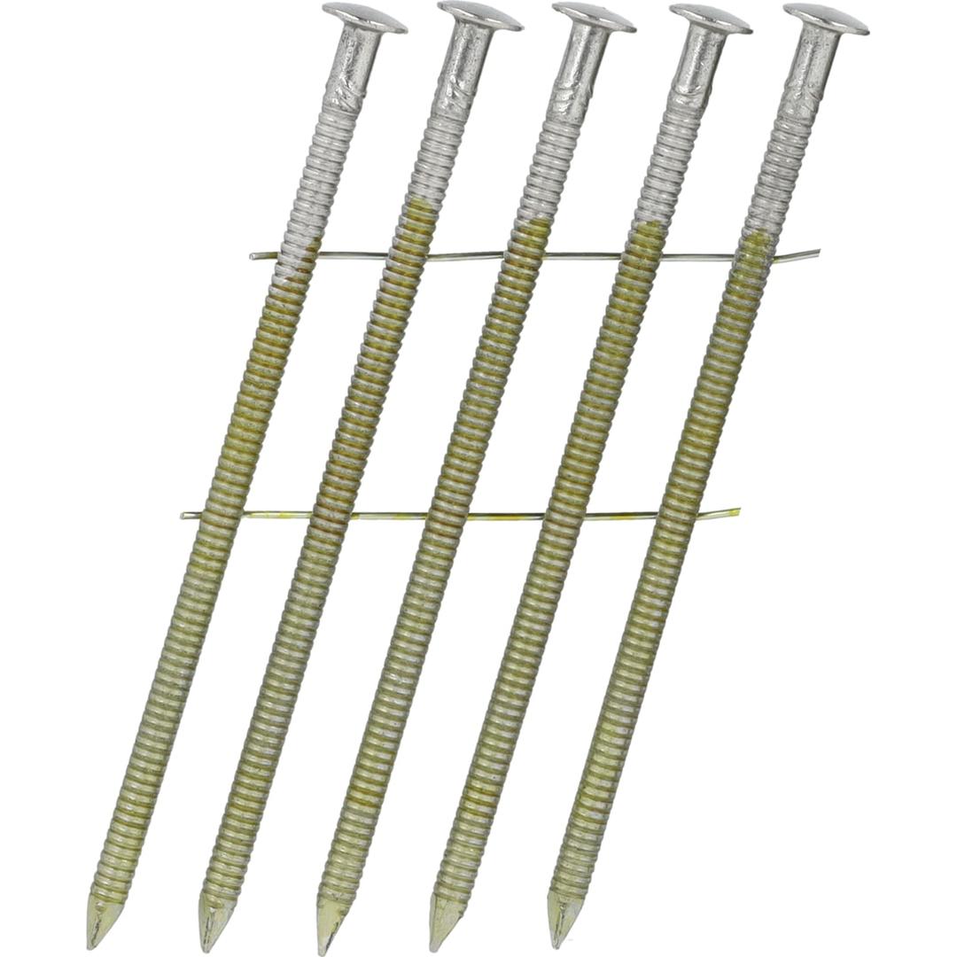 Clous en rouleau plats 16° annelés inox A2 GS26AGAF 2,87x70 mm SENCO — Clous SENCO 2.8 x 70 mm annelés inox 304, gros plan sur l'annelage et les fils de liaison argentés