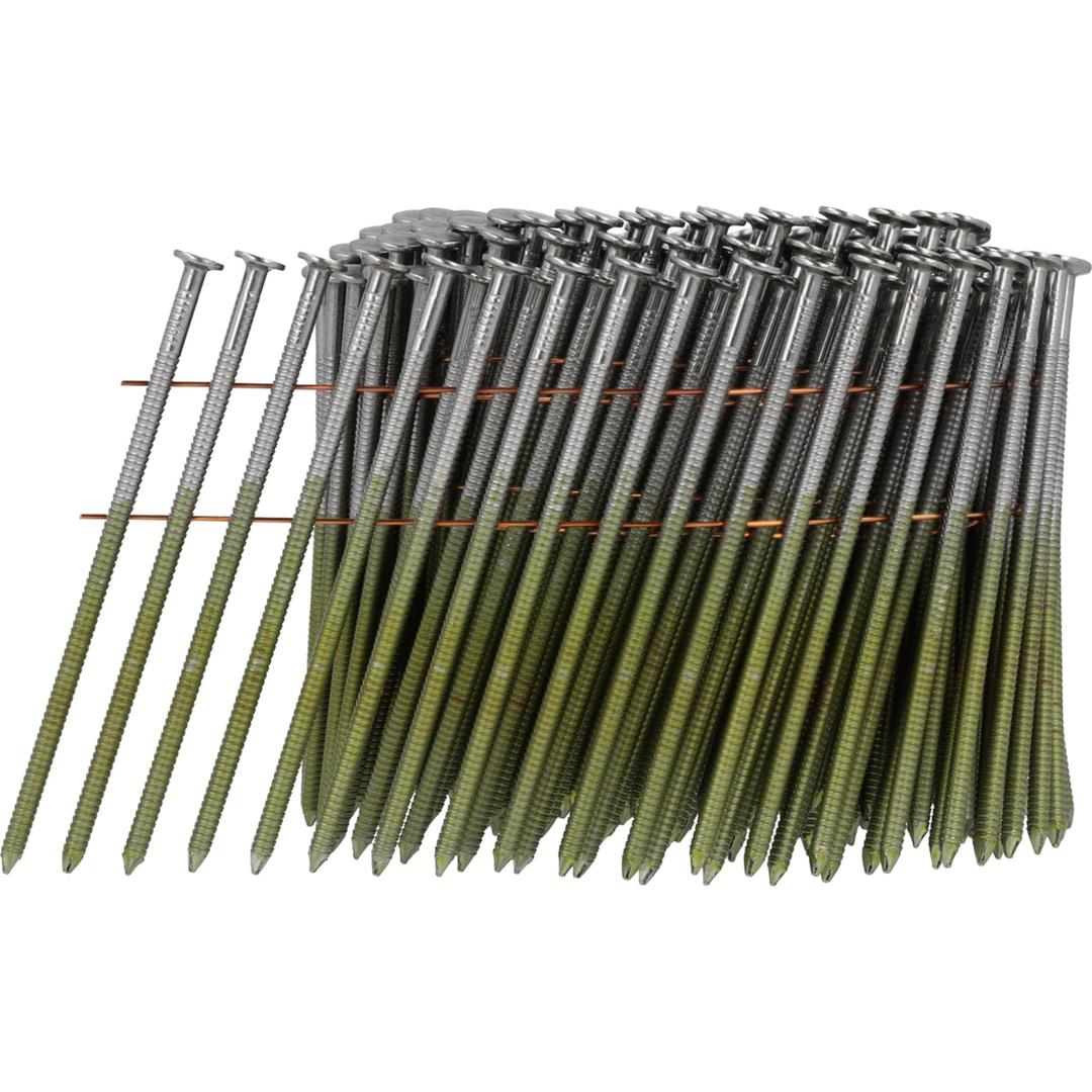 Clous en rouleau plats 16° annelés clair HL28APBF 3,1x80 mm SENCO — Clous SENCO 3,1 x 80 mm annelés finition claire en rouleau, de trois quarts sur fond blanc