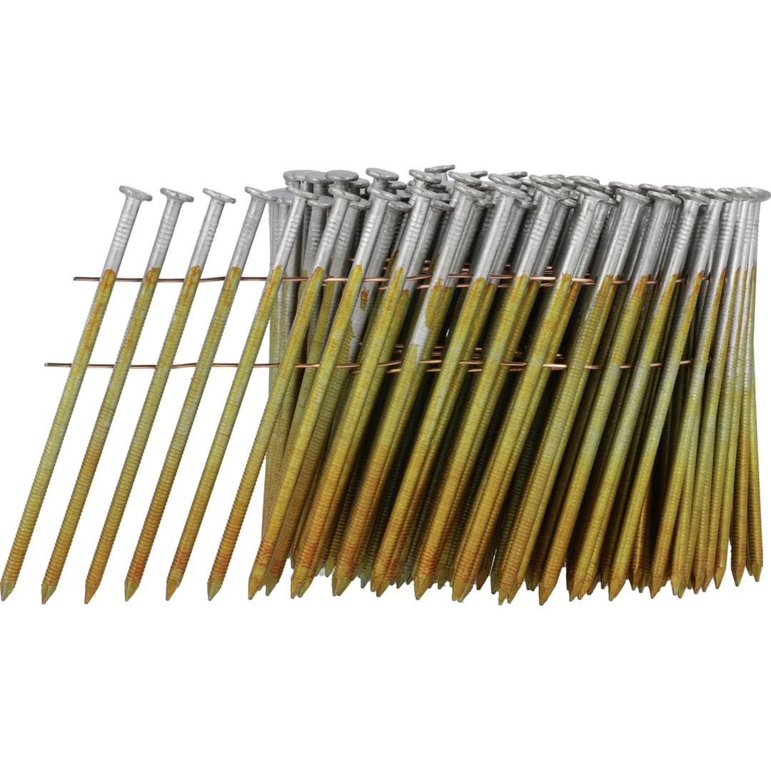 Clous en rouleau plats 16° annelés galvanisés à chaud HL29ASBF 3,1x90 mm SENCO — Clous SENCO 3,1 x 90 mm annelés galvanisés à chaud en rouleau, de trois quarts sur fond blanc