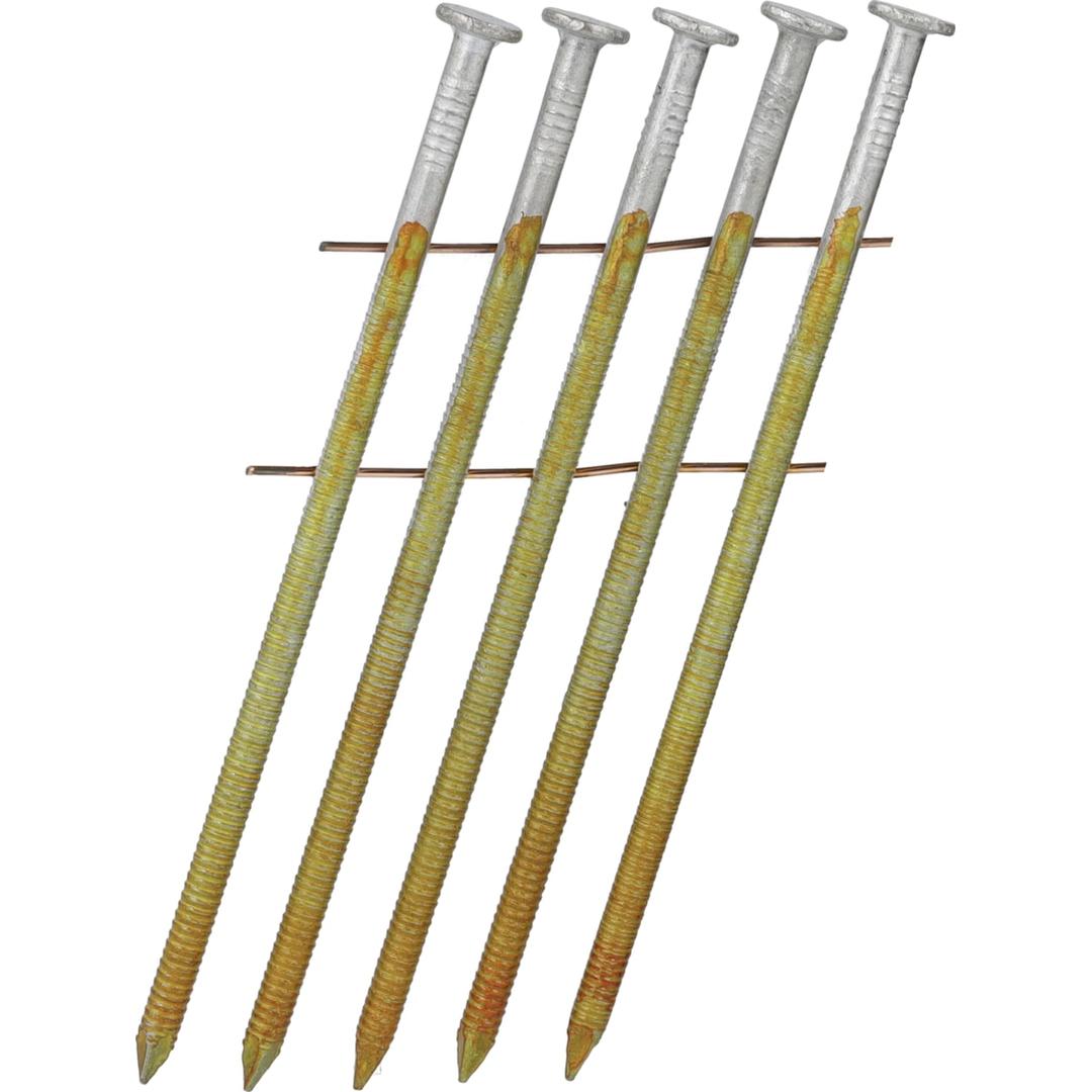 Clous en rouleau plats 16° annelés galvanisés à chaud HL29ASBF 3,1x90 mm SENCO — Clous SENCO 3,1 x 90 mm galvanisés à chaud, gros plan sur cinq tiges annelées et têtes rugueuses