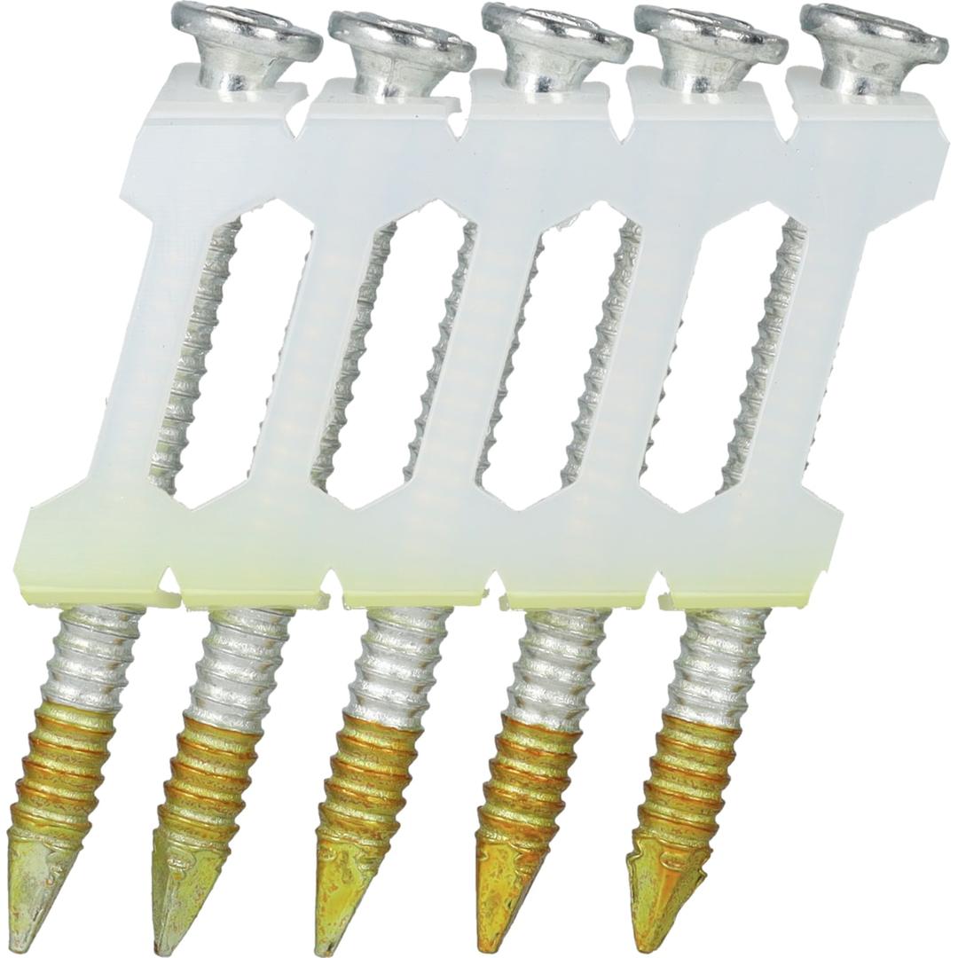 Clous d'ancrage en rouleau plats 16° annelés zingués 12µ NN21AXBD 4x50 mm SENCO — Clous SENCO 16 rouleau 50 mm annelés zingués, gros plan sur cinq clous en bande plastique