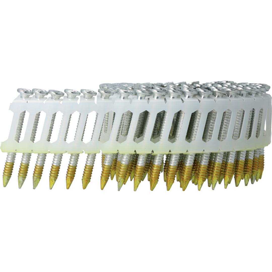 Clous d'ancrage en rouleau plats 16° annelés zingués 12µ NN24AXBD 4x60 mm SENCO — Clous SENCO 16 rouleau 60 mm annelés zingués, bande plastique blanche, de trois quarts sur fond blanc