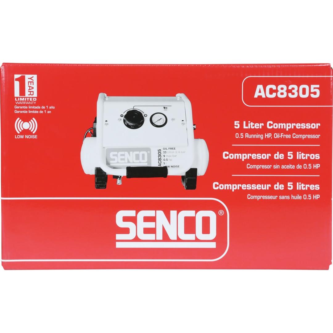 Compresseur AC8305 SENCO — Compresseur SENCO AC8305 dans son carton rouge fermé imprimé du compresseur 5 litres sans huile