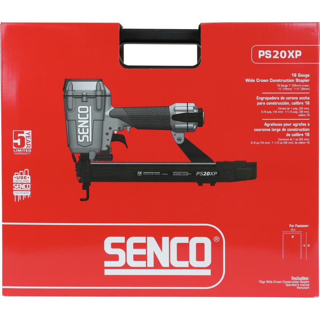 Agrafeuse à couronne large pneumatique PS20XP SENCO — Agrafeuse à couronne large SENCO PS20XP dans son carton rouge à poignée découpée, schéma d'agrafe