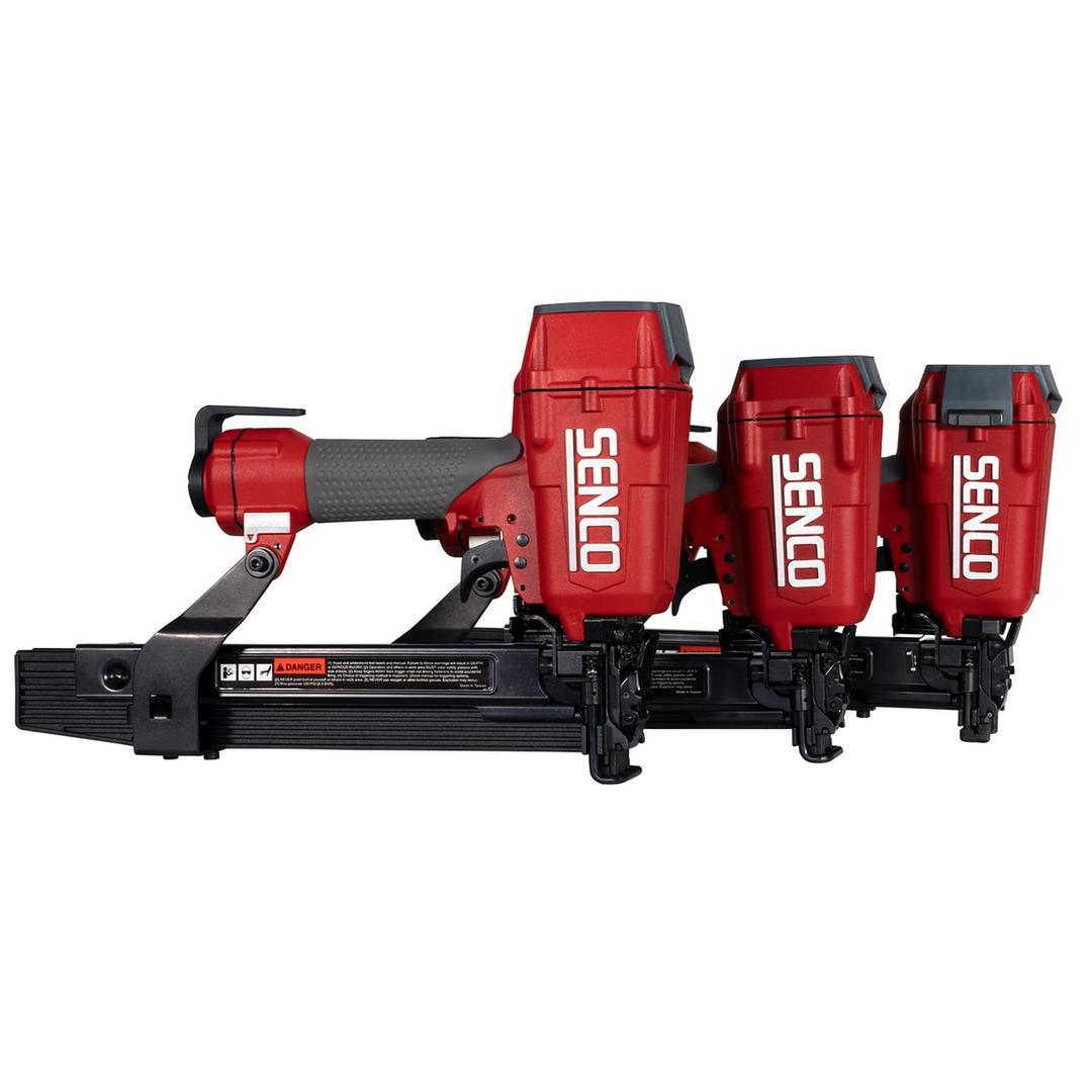 Agrafeuse à couronne large pneumatique PS20XP SENCO — Agrafeuse à couronne large SENCO PS20XP de profil, trois outils rouges alignés en enfilade