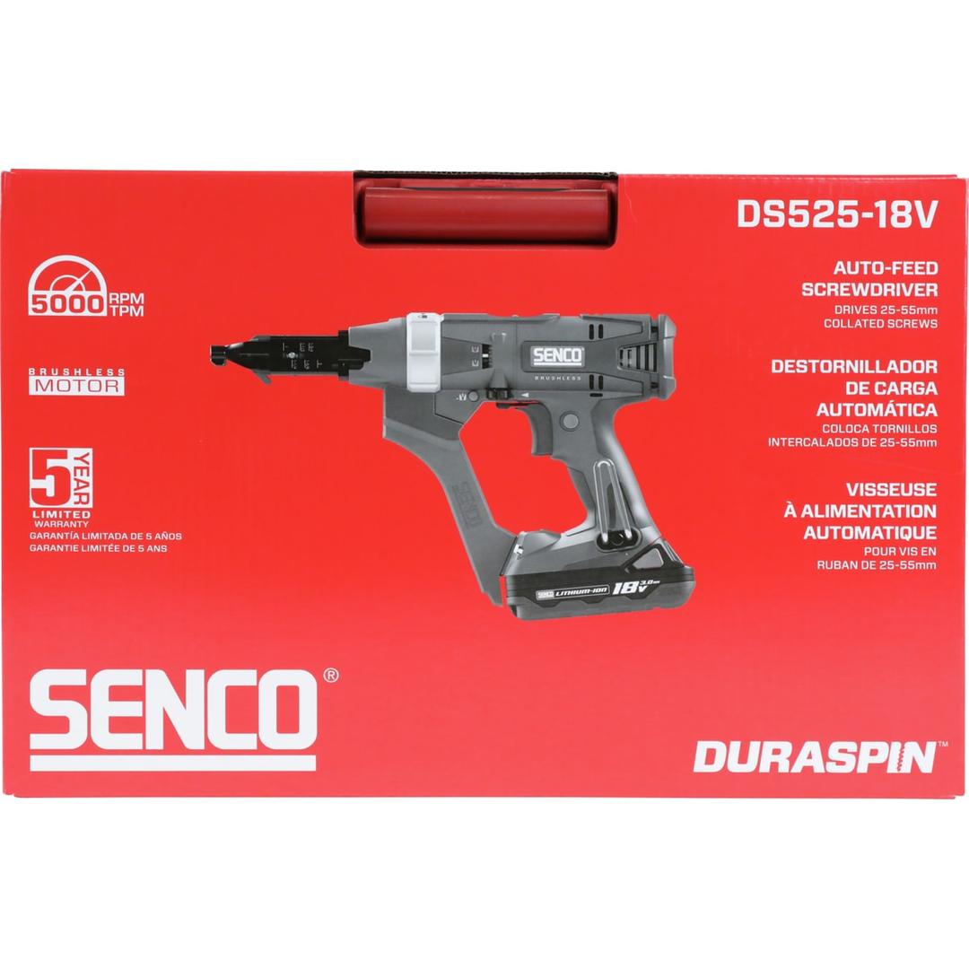 Visseuse en bande sur batterie DURASPIN DS525-18V SENCO — Visseuse en bande SENCO DURASPIN DS525-18V dans son carton rouge à poignée encastrée