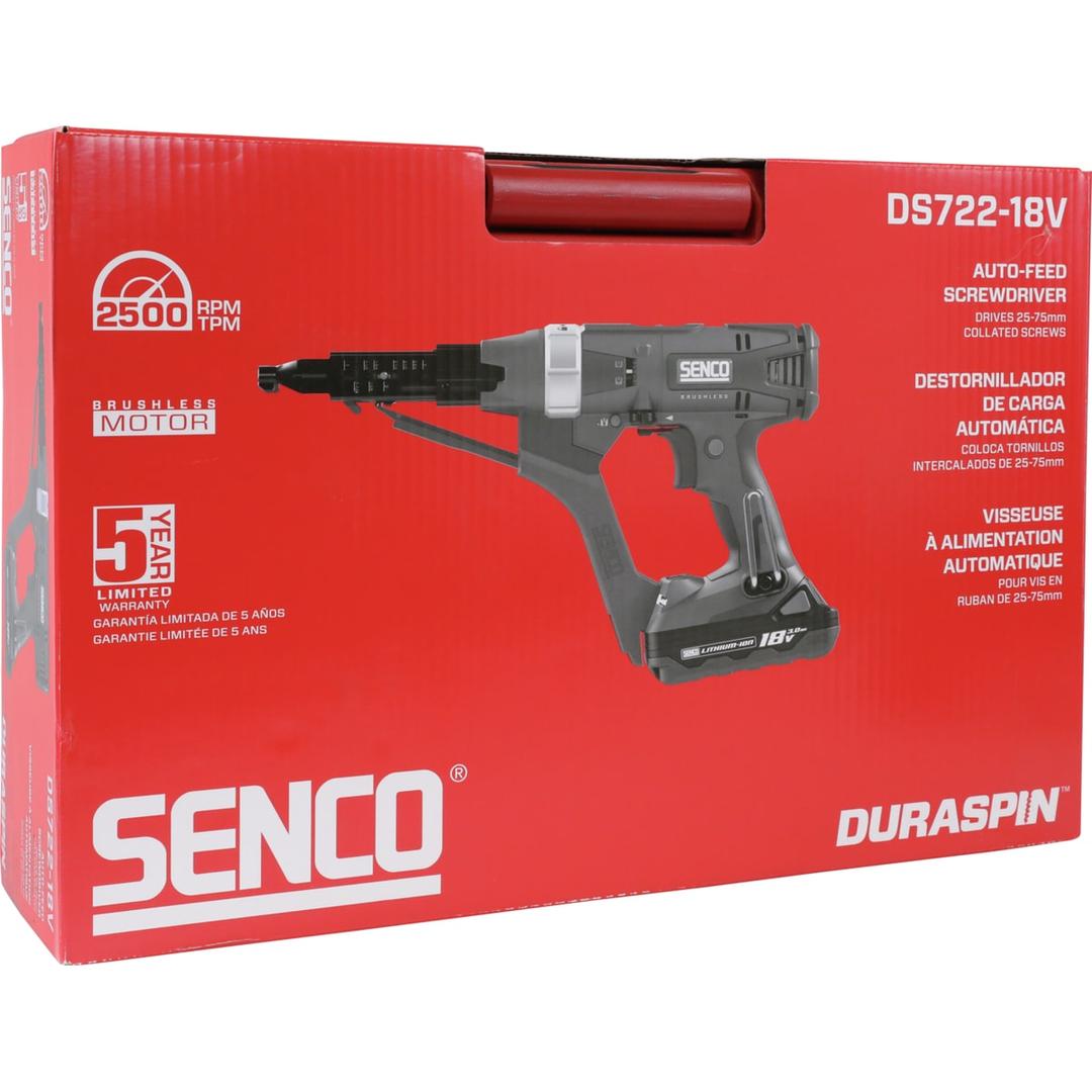 Visseuse en bande sur batterie DURASPIN DS722-18V SENCO — Visseuse en bande SENCO DURASPIN DS722-18V 25-75 mm dans son carton rouge à poignée encastrée