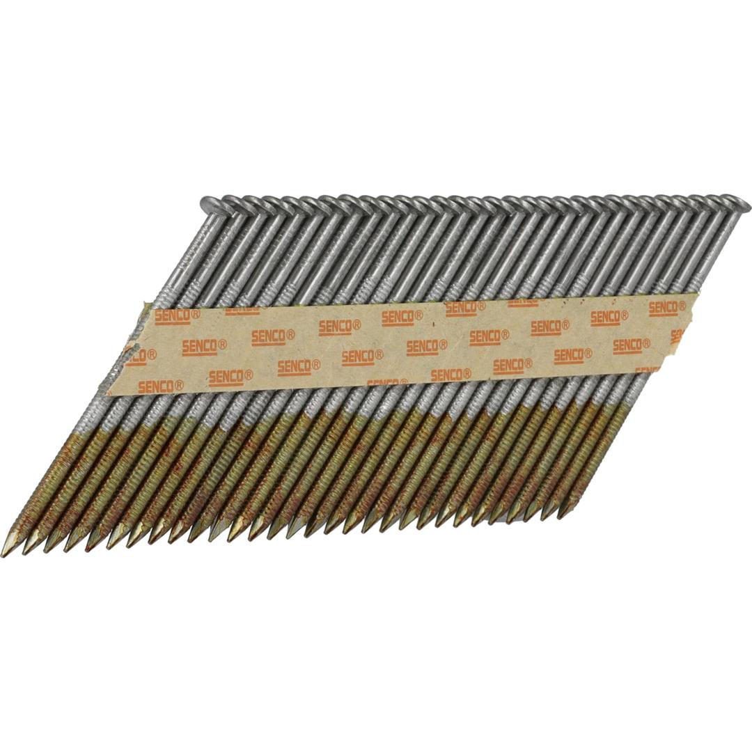 Pack gaz & clous en bande 34° annelés clair GE54APBKR-FC 2,87x60 mm & gaz PC1308P SENCO — Clous SENCO D34° 2,8 x 60 mm annelés brillants en bande papier kraft, fûts dorés en partie basse