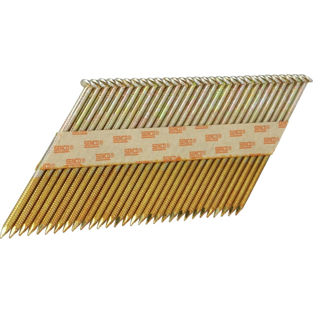 Pack gaz & clous en bande 34° annelés zingués 12µ GE55AXBKR-FC 2,87x65 mm & gaz PC1308P SENCO — Clous SENCO D34° 2,8 x 65 mm annelés zingués en bande papier, têtes pleines rondes sur fond blanc