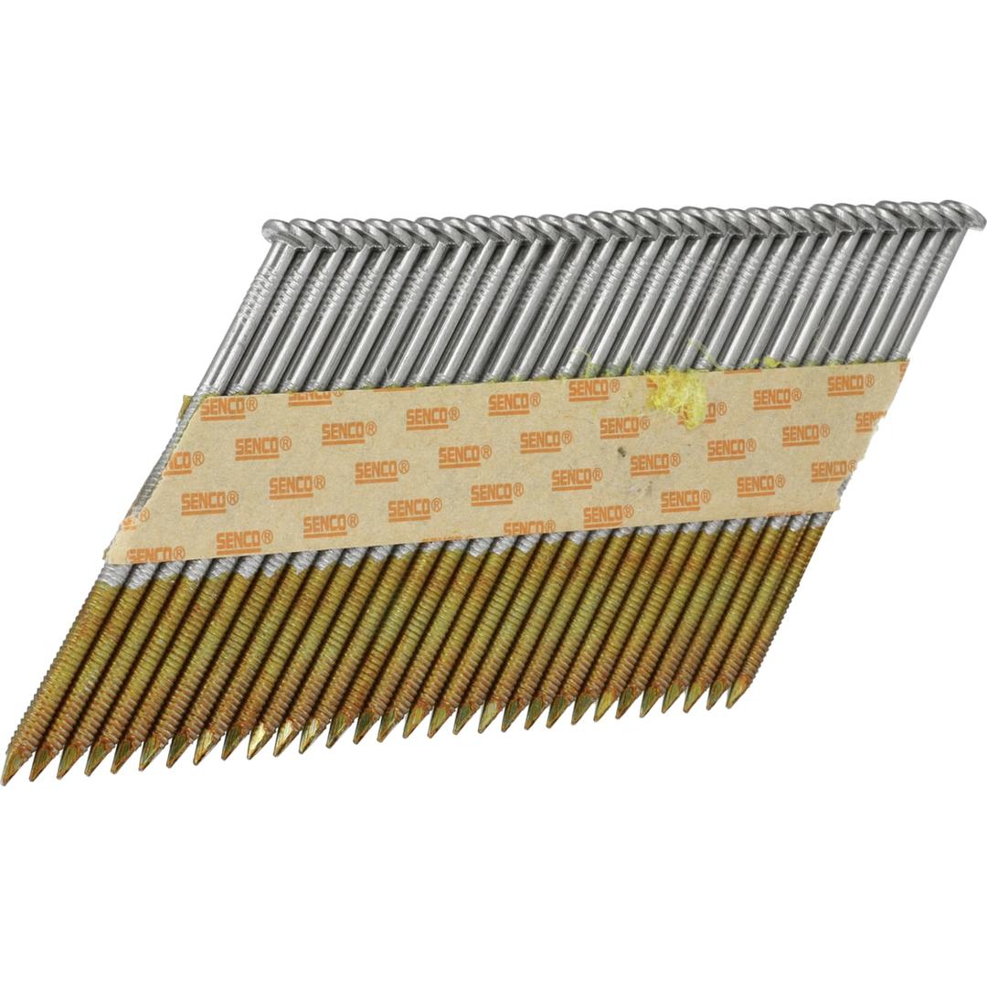 Pack gaz & clous en bande 34° annelés clair HE59APBKR-FC 3,1x90 mm & gaz PC1308P SENCO — Bande de clous SENCO D34° 3,1x90 mm annelés à fûts dorés, de trois quarts sur fond blanc