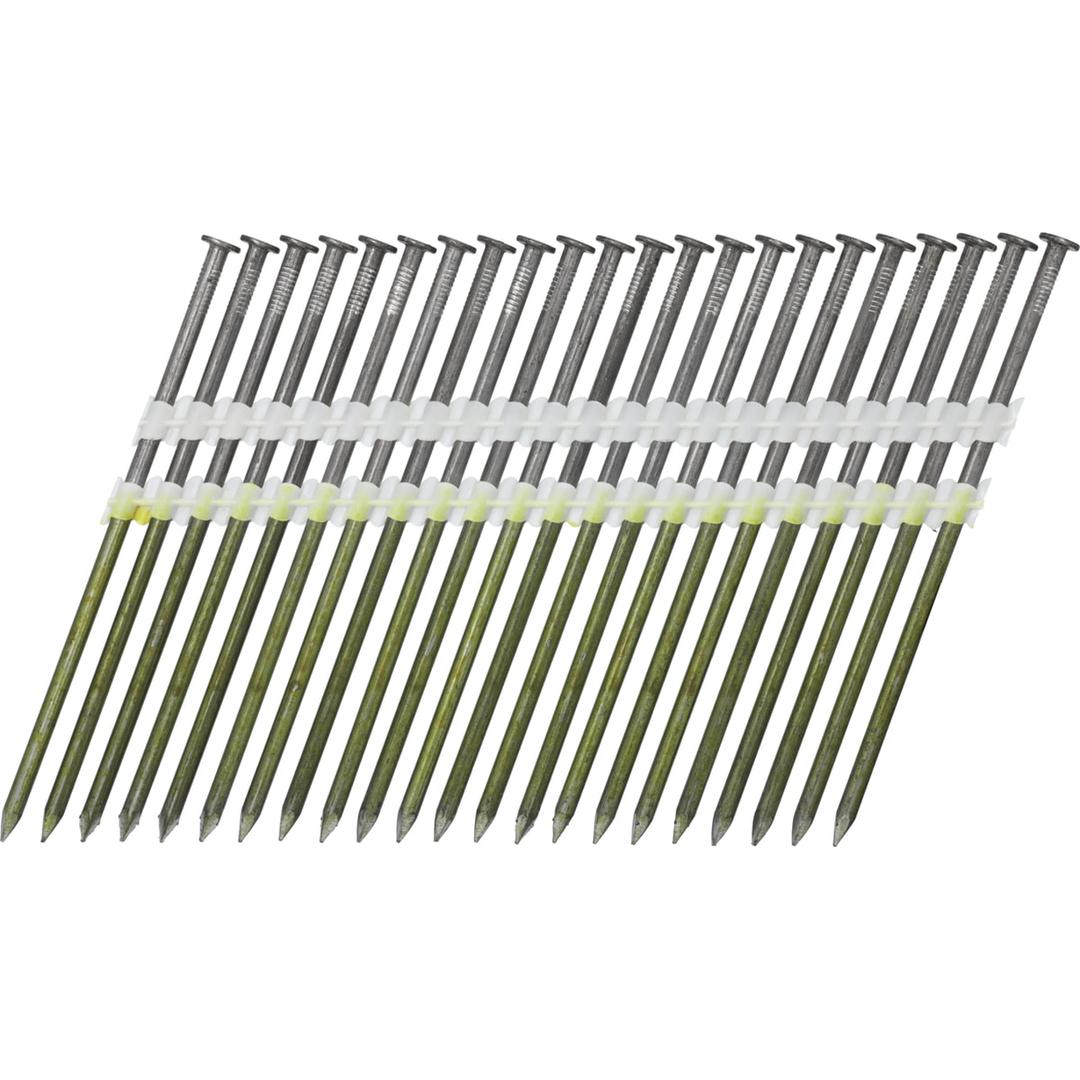 Clous en bande 21° lisses clair TD70APBS 4,6x160 mm SENCO — Clous SENCO tête ronde 21° 4,6x160 mm lisses reliés par deux bandes plastique blanches