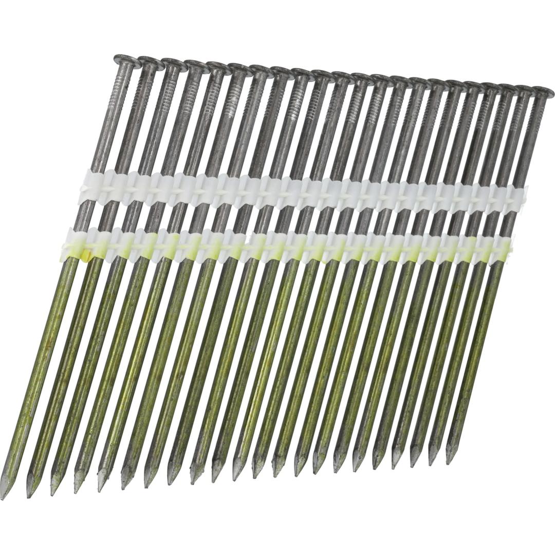 Clous en bande 21° lisses clair TD70APBS 4,6x160 mm SENCO — Longs clous SENCO 21° 4,6x160 mm à fûts vert olive, double collation plastique blanche et jaune