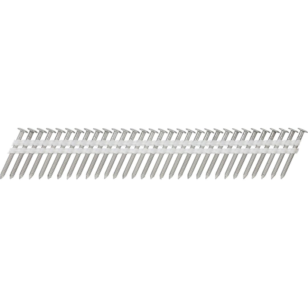 Clous en bande 21° annelés inox A2 joint debout 1L13AGAS 2,8x25 mm SENCO — Clous SENCO 21° 2,8x25 mm annelés inox à grosses têtes plates, bande à plat sur fond blanc