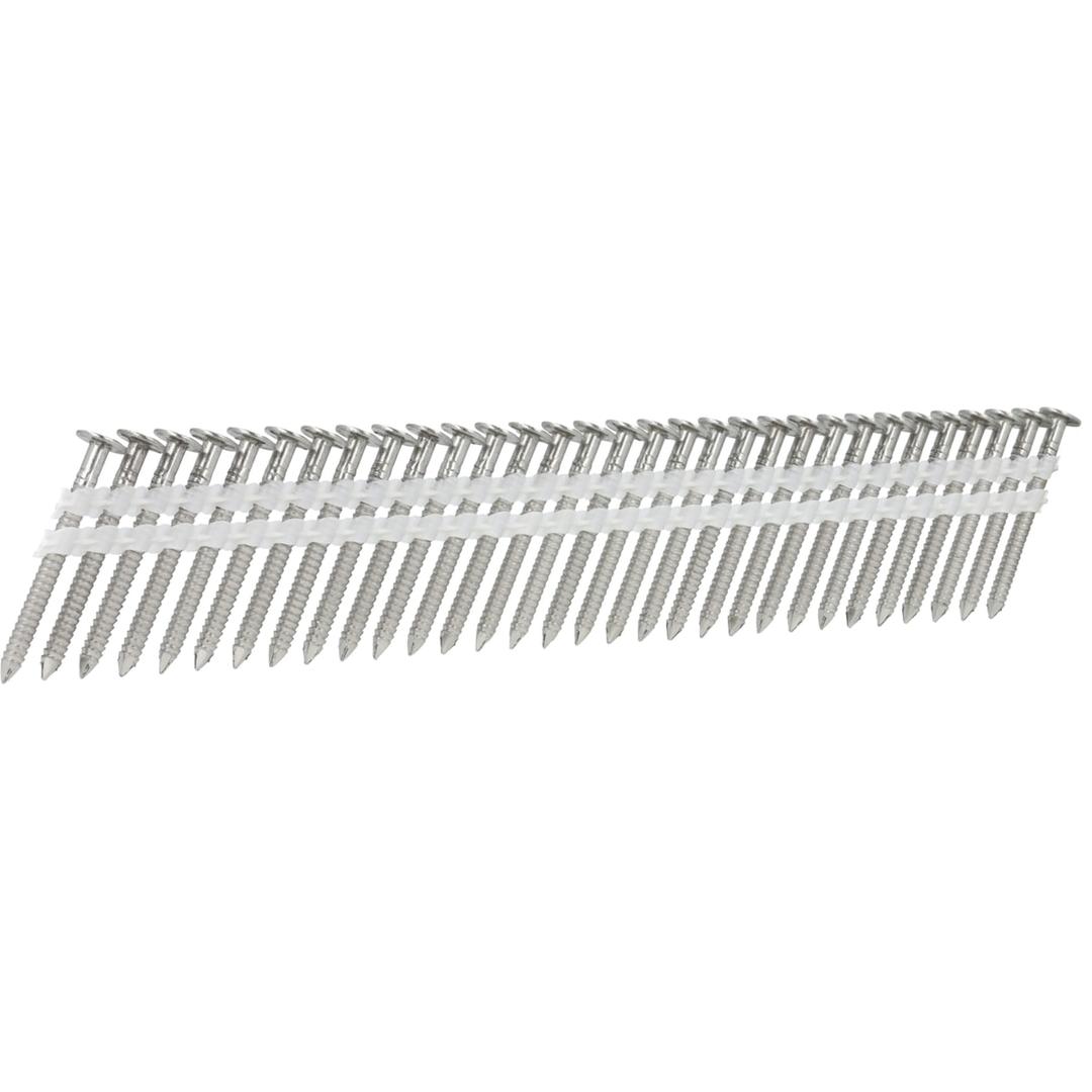 Clous en bande 21° annelés inox A2 joint debout 1L16AGAS 2,8x35 mm SENCO — Bande de clous SENCO 21° 2,8x35 mm annelés inox, double collation plastique, de trois quarts