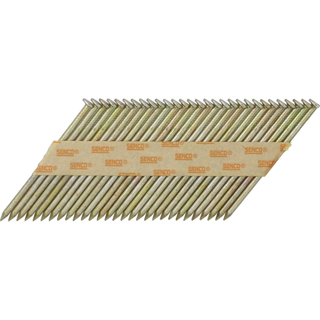 Clous en bande 34° lisses galvanisés EC52AABKR 2,3x55 mm SENCO — Bande de clous SENCO D34° 2,3x55 mm lisses galvanisés dorés à têtes rondes, fond blanc