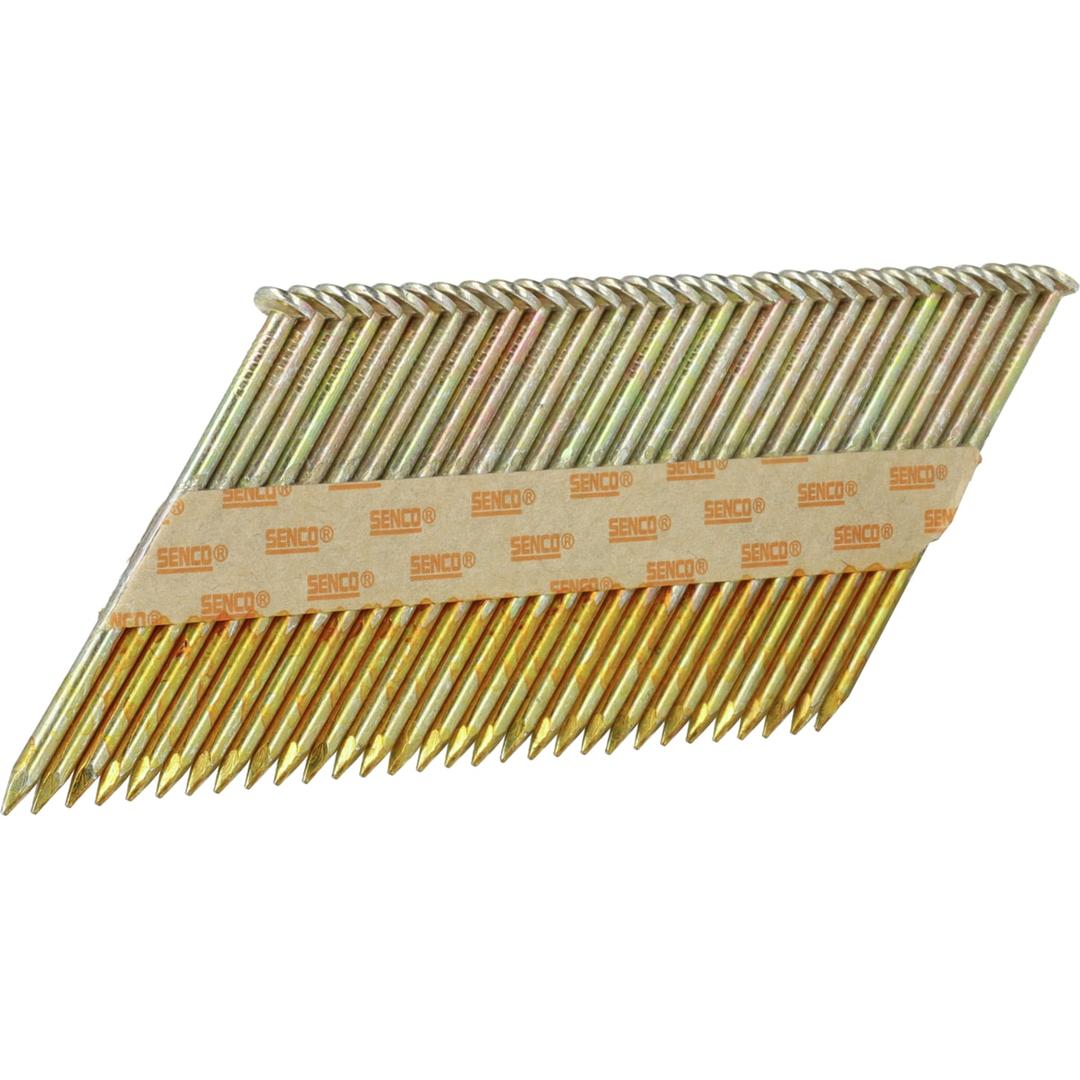 Clous en bande 34° lisses zingués 12µ GC54AXBKR 2,87x60 mm SENCO — Bande de clous SENCO D34° 2,8x60 mm lisses galvanisés EZ 12 µ, fûts dorés et têtes rondes