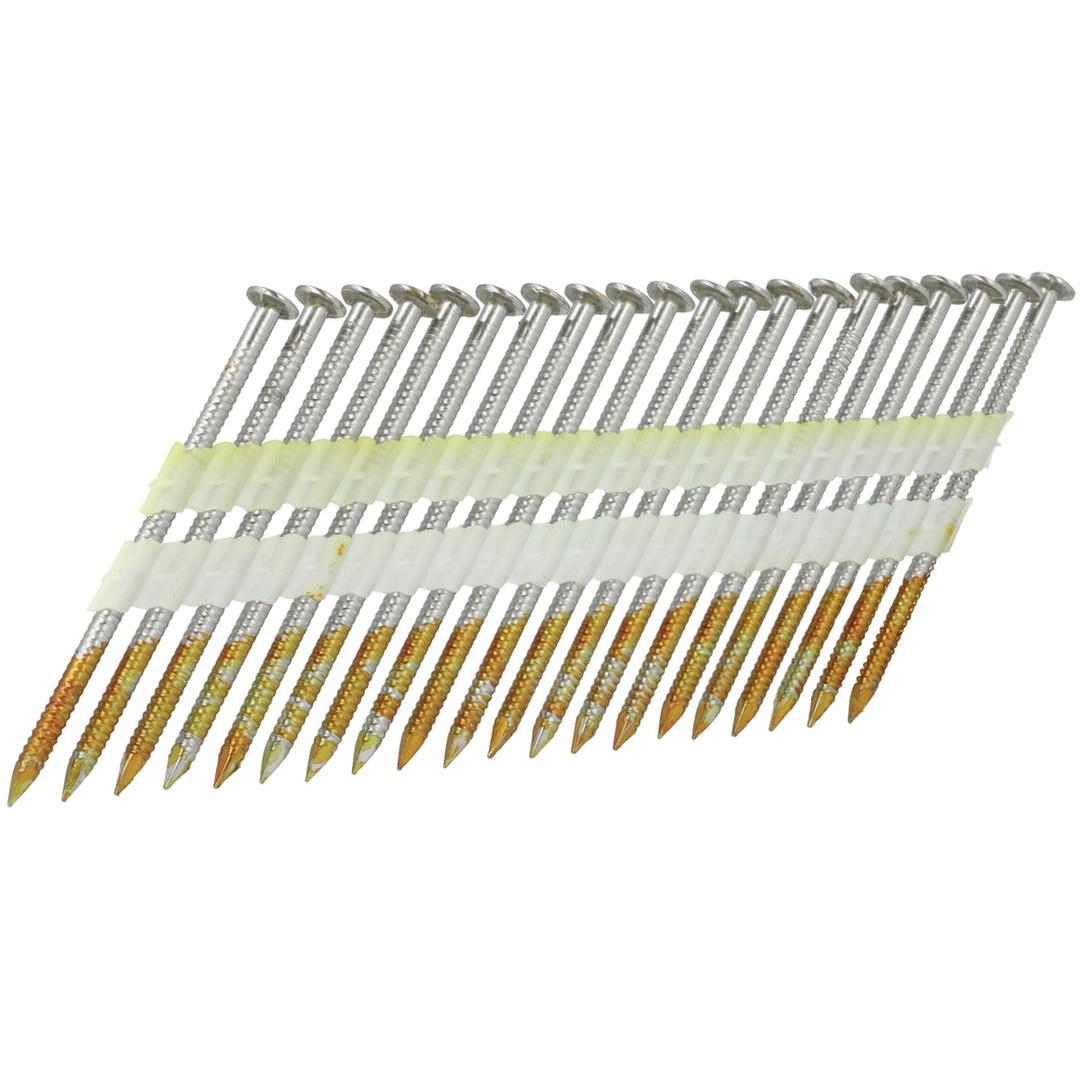 Clous en bande 34° annelés inox A2 GR55AGBM 2,87x65 mm SENCO — Bande de clous SENCO 34° 2,8x65 mm annelés inox, double liaison plastique blanche et jaune