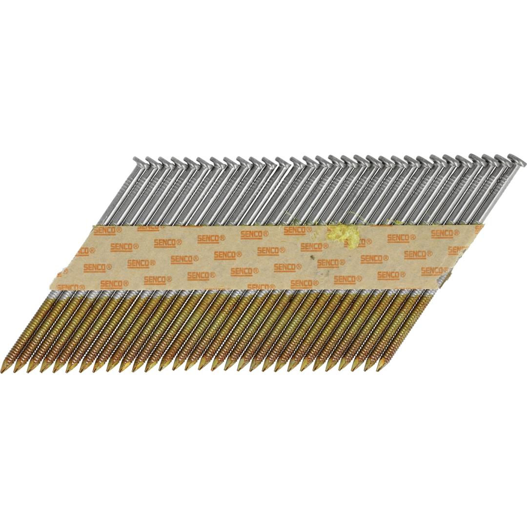 Clous en bande 34° annelés clair HE57APBKR 3,1x75 mm SENCO — Clous SENCO D34° 3,1x75 mm annelés en bande, hauts brillants et fûts dorés annelés