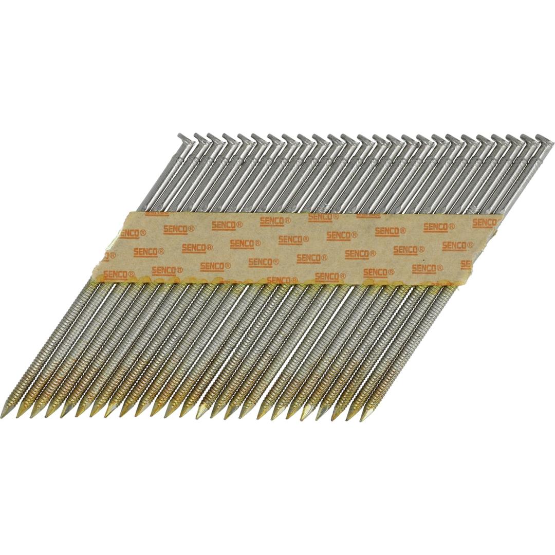 Clous en bande 34° annelés inox A2 HE59AGBKR 3,1x90 mm SENCO — Clous SENCO D34° 3,1x90 mm annelés inox 304 en bande, fûts finement annelés, pointes dorées