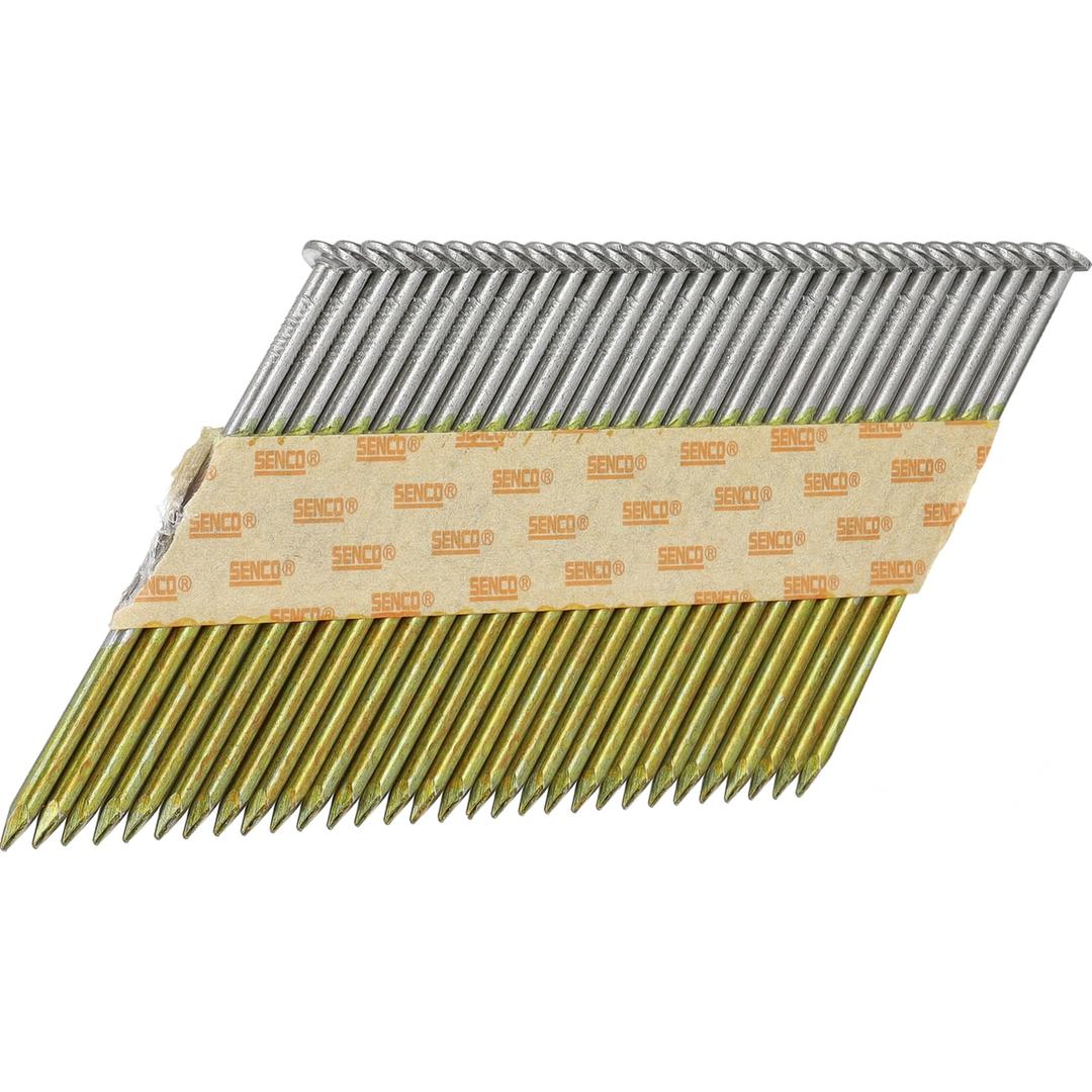 Pack gaz & clous en bande 34° lisses clair GC51APBKR-FC 2,87x50 mm & gaz PC1308P SENCO — Clous SENCO D34° 2,8x50 mm à tige lisse, bandelette kraft, de trois quarts sur fond blanc