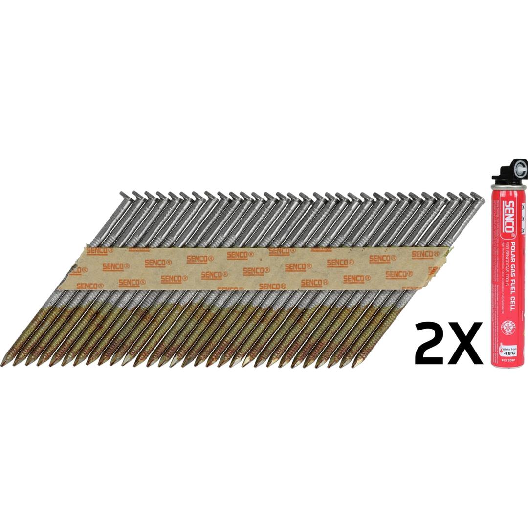 Pack gaz & clous en bande 34° annelés clair GE51APBKR-FC 2,87x50 mm & gaz PC1308P SENCO — Pack SENCO D34° 2,8x50 mm clous annelés et cartouche de gaz, de trois quarts sur fond blanc