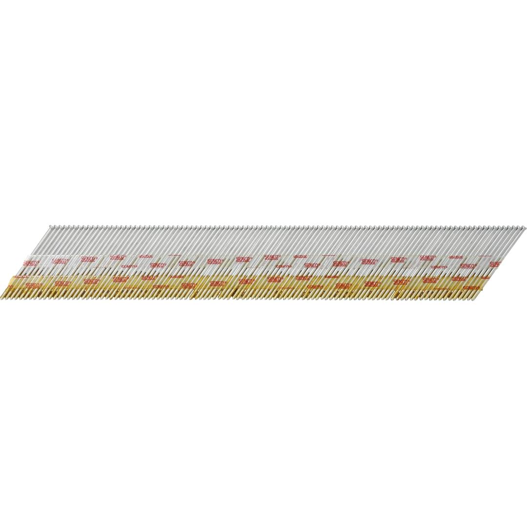 Clous de finition 15G 34° tête brad galvanisés DA25EABN 1,8x63,5 mm SENCO — Clous de finition SENCO DA 63,5 mm galvanisés, bande inclinée à liaison papier, vue de profil en plongée