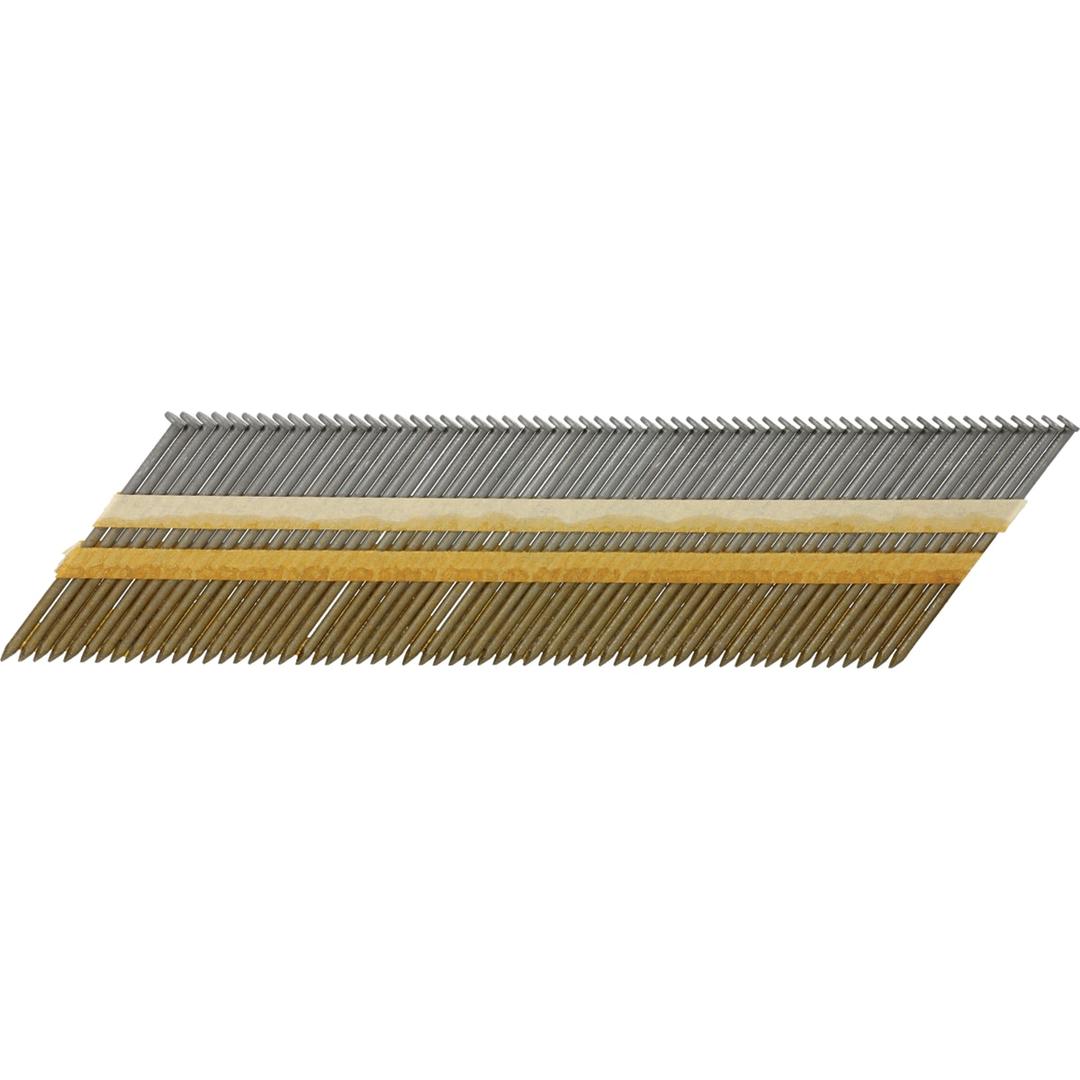 Clous en bande 34° lisses clair EC54APBKR 2,3x60 mm SENCO — Clous en bande SENCO D34° 2,3x60 mm lisses clairs, têtes en D, de trois quarts sur fond blanc