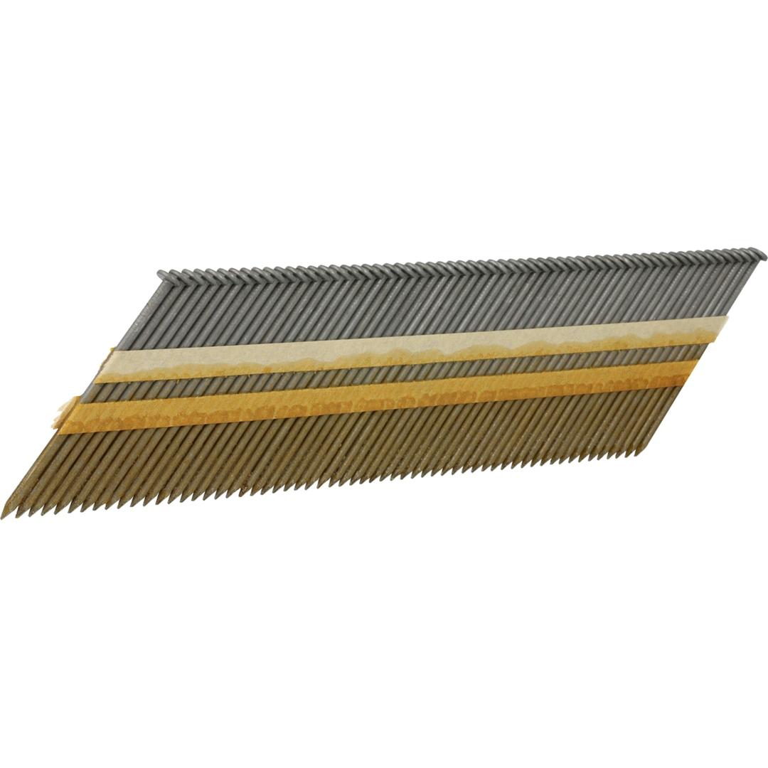 Clous en bande 34° lisses clair EC54APBKR 2,3x60 mm SENCO — Clous SENCO D34° 2,3x60 mm lisses clairs, collation crème et jaune, vue de trois quarts plongeante