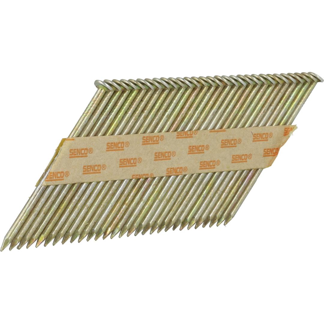 Clous en bande 34° lisses galvanisés EC49AABKR 2,3x45 mm SENCO — Clous SENCO D34° 2,3x45 mm lisses galvanisés, têtes rondes dorées, vue de trois quarts plus inclinée