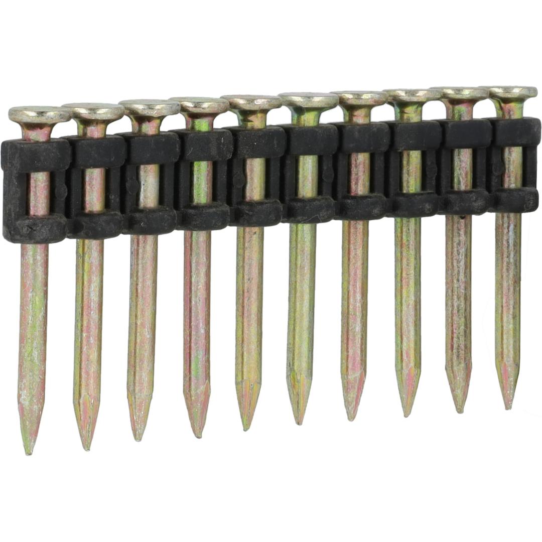 Clous acier et béton standard lisses galvanisés SCP3115 3,1x15 mm SENCO — Clous béton SENCO 3,1 x 15 mm galvanisés jaune, bande à collier plastique noir de trois quarts