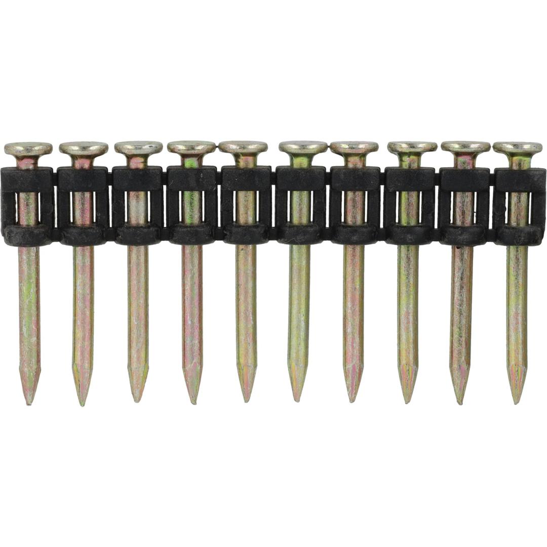 Clous acier et béton standard lisses galvanisés SCP2719 2,7x19 mm SENCO — Clous béton SENCO 2,7 x 19 mm galvanisés jaune en bande sur guide plastique noir, de face