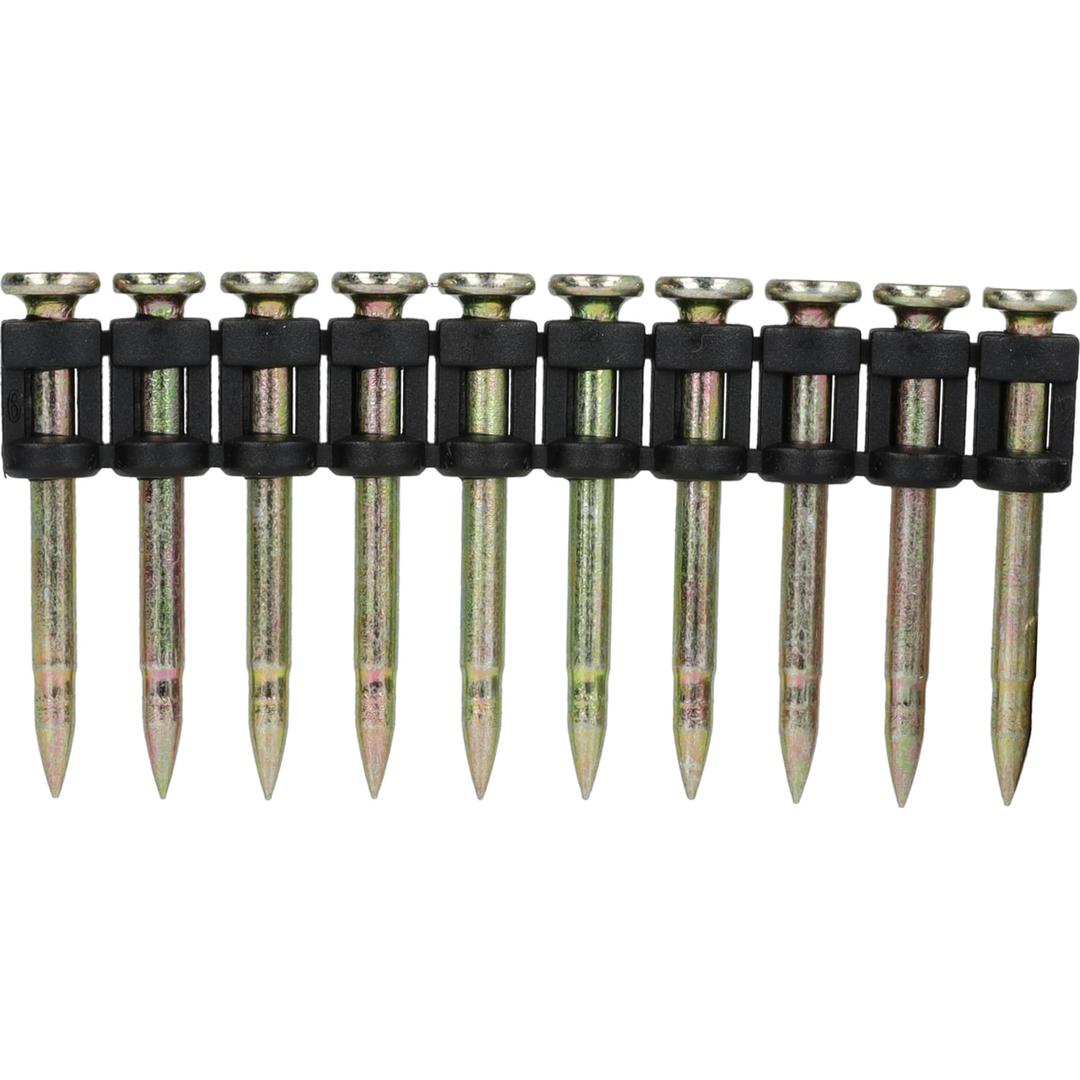 Clous acier et béton premium tige étagée trempés SCP3025P 3x25 mm SENCO — Clous béton SENCO PREMIUM 3,0x25 mm à têtes bombées sur guide plastique noir, de face
