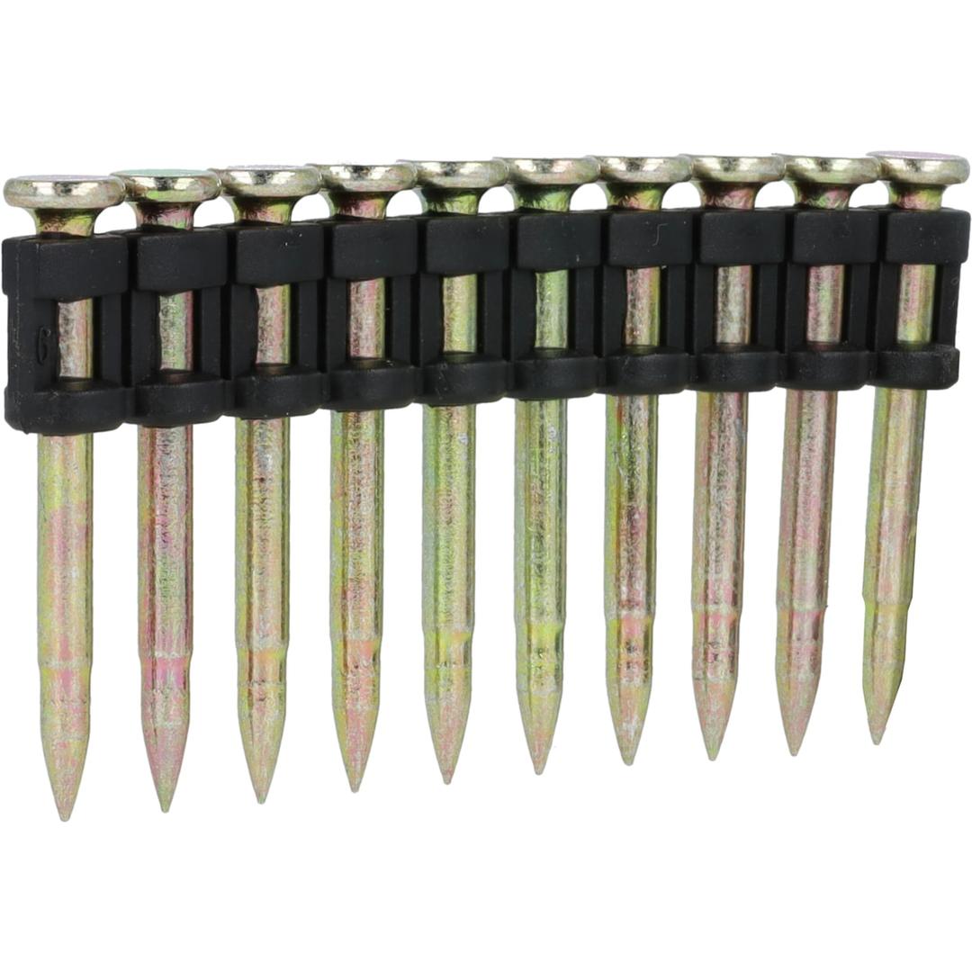 Clous acier et béton premium tige étagée trempés SCP3032P 3x32 mm SENCO — Clous béton SENCO PREMIUM 3,0x32 mm sur bandelette plastique noire, de trois quarts sur fond blanc