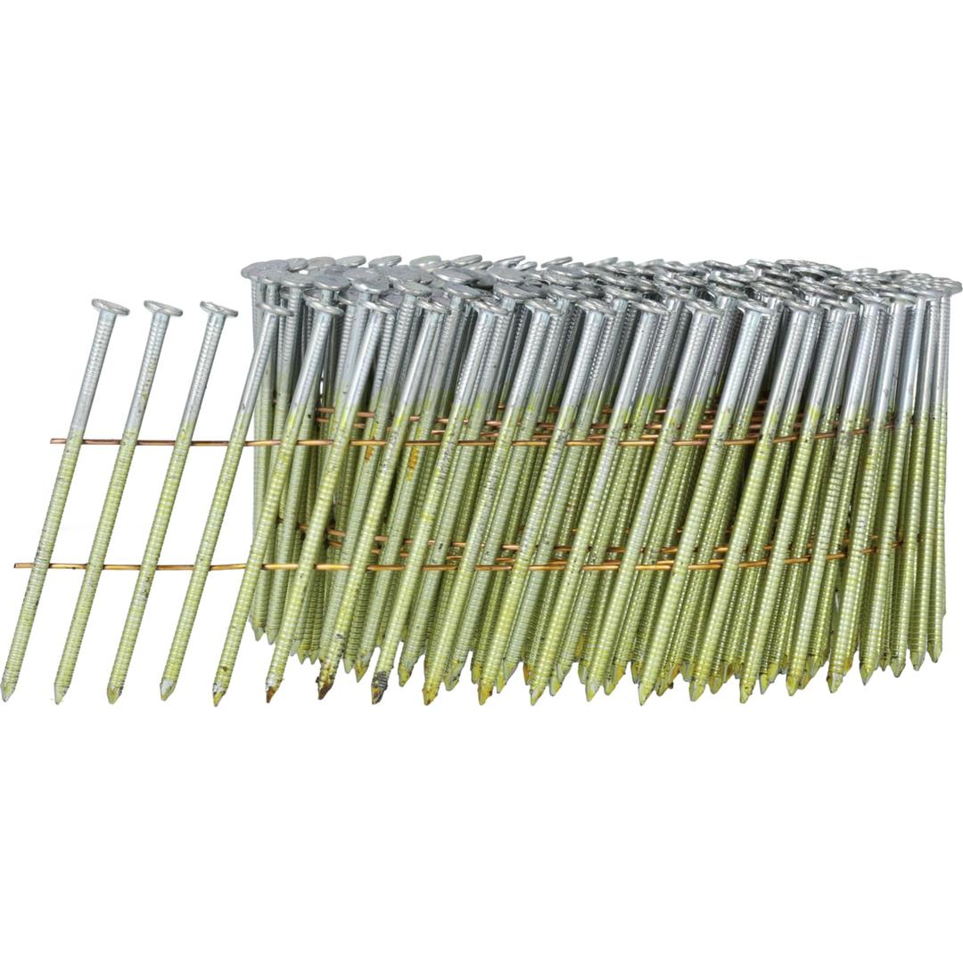 Clous en rouleau plats 16° annelés zingués 12µ SL17AXBH 2,1x38 mm SENCO — Rouleau de clous SENCO 2,1 x 38 mm annelés galvanisés, fils cuivre, de trois quarts sur fond blanc
