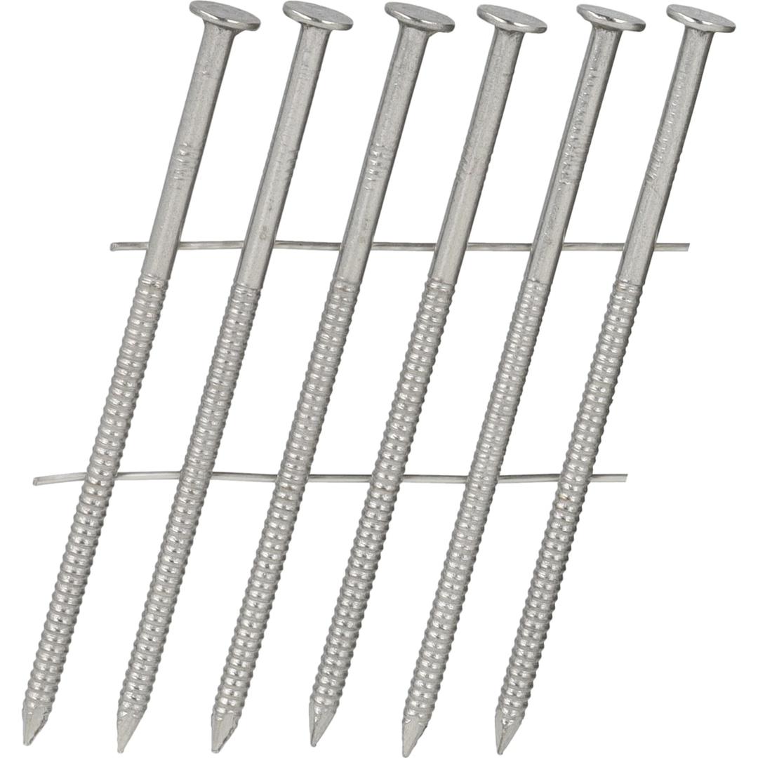 Clous en rouleau plats 16° annelés inox A4 EL19AUBHR 2,3x45 mm SENCO — Clous SENCO inox 316 2,3 x 45 mm à annelage bas et têtes bombées, en gros plan sur fond blanc