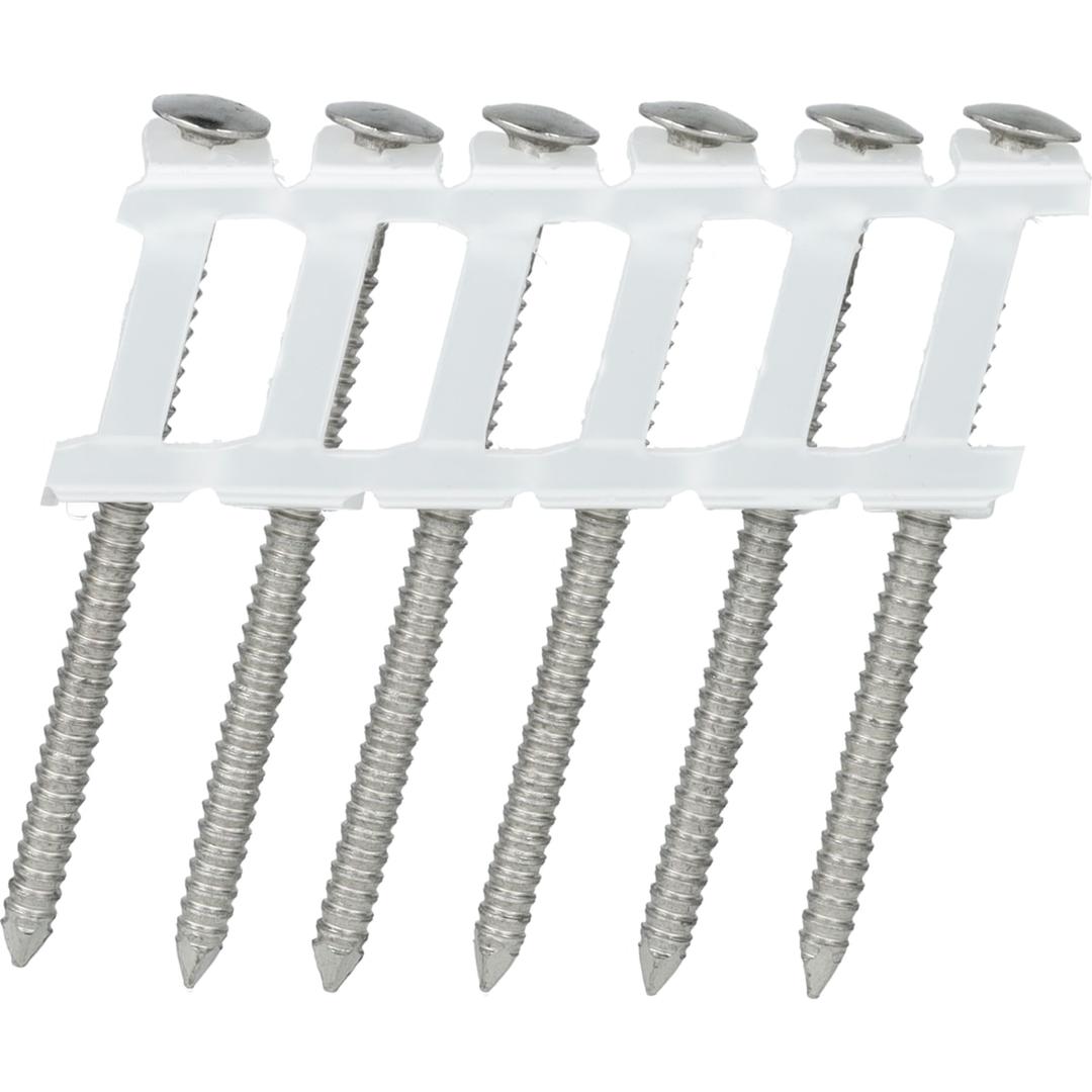 Clous en rouleau plats 16° annelés inox A2 BS21AGBC 2,5x50 mm SENCO — Clous SENCO inox 304 2,5 x 50 mm à annelage serré sur bande plastique à deux rails, gros plan