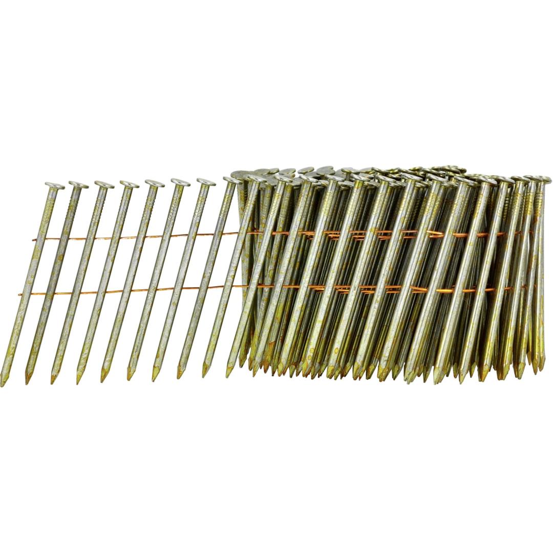 Clous en rouleau plats 16° lisses clair GD28APBF 2,87x80 mm SENCO — Rouleau de clous SENCO 2,8 x 80 mm à tige lisse, neuf clous déroulés sur fond blanc