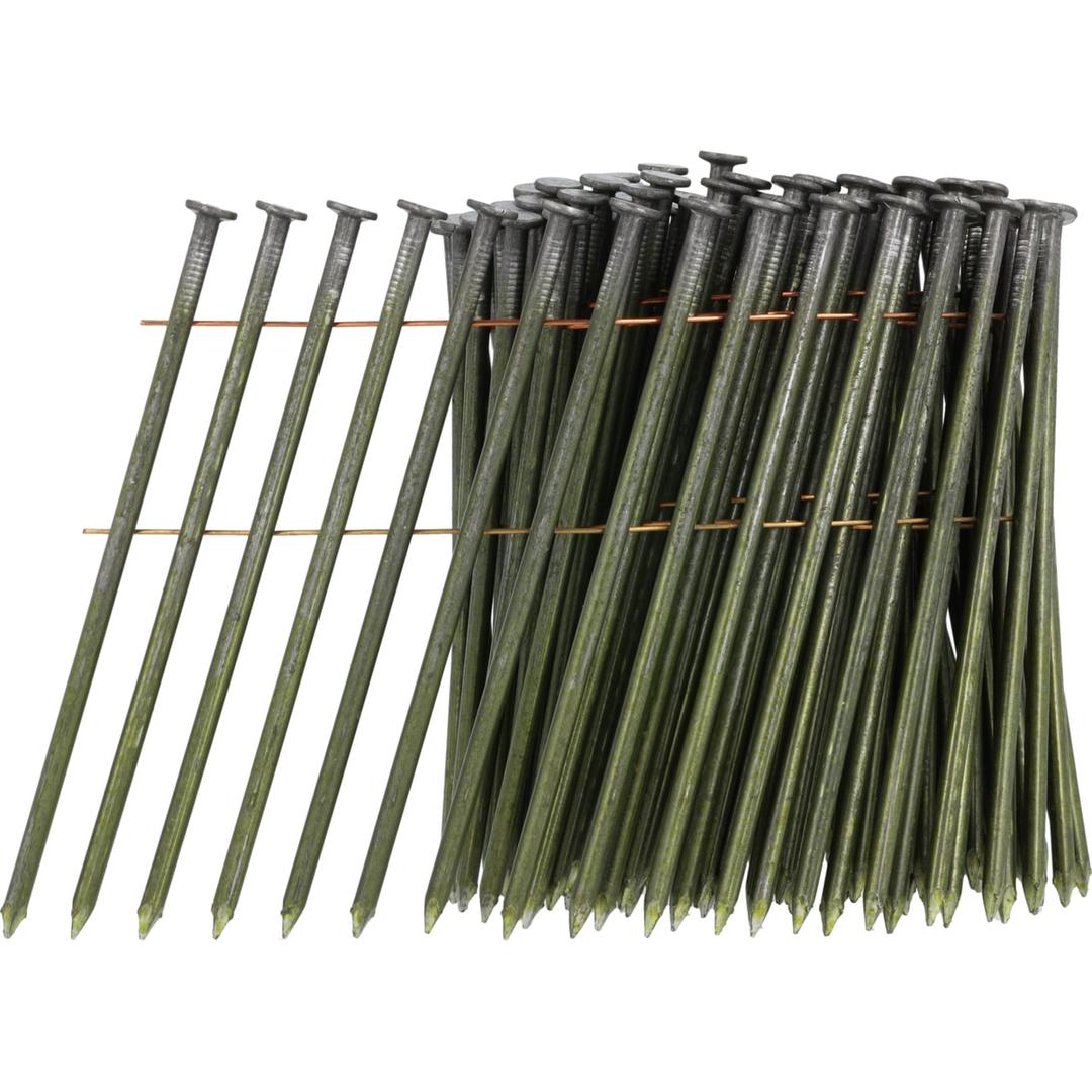 Clous en rouleau plats 16° lisses clair MD36APBE 3,8x130 mm SENCO — Rouleau de clous SENCO 3,8 x 130 mm à tige lisse vert olive, sept clous déroulés