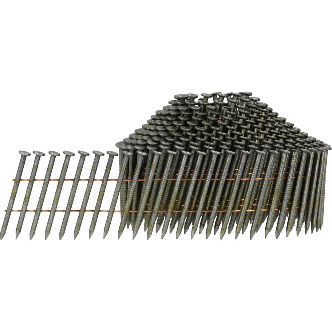 Clous en rouleau coniques 16° annelés clair SE15APBV 2,1x32 mm SENCO — Clous SENCO en rouleau 2,1 x 32 mm annelés, spire déroulée de trois quarts sur fond blanc